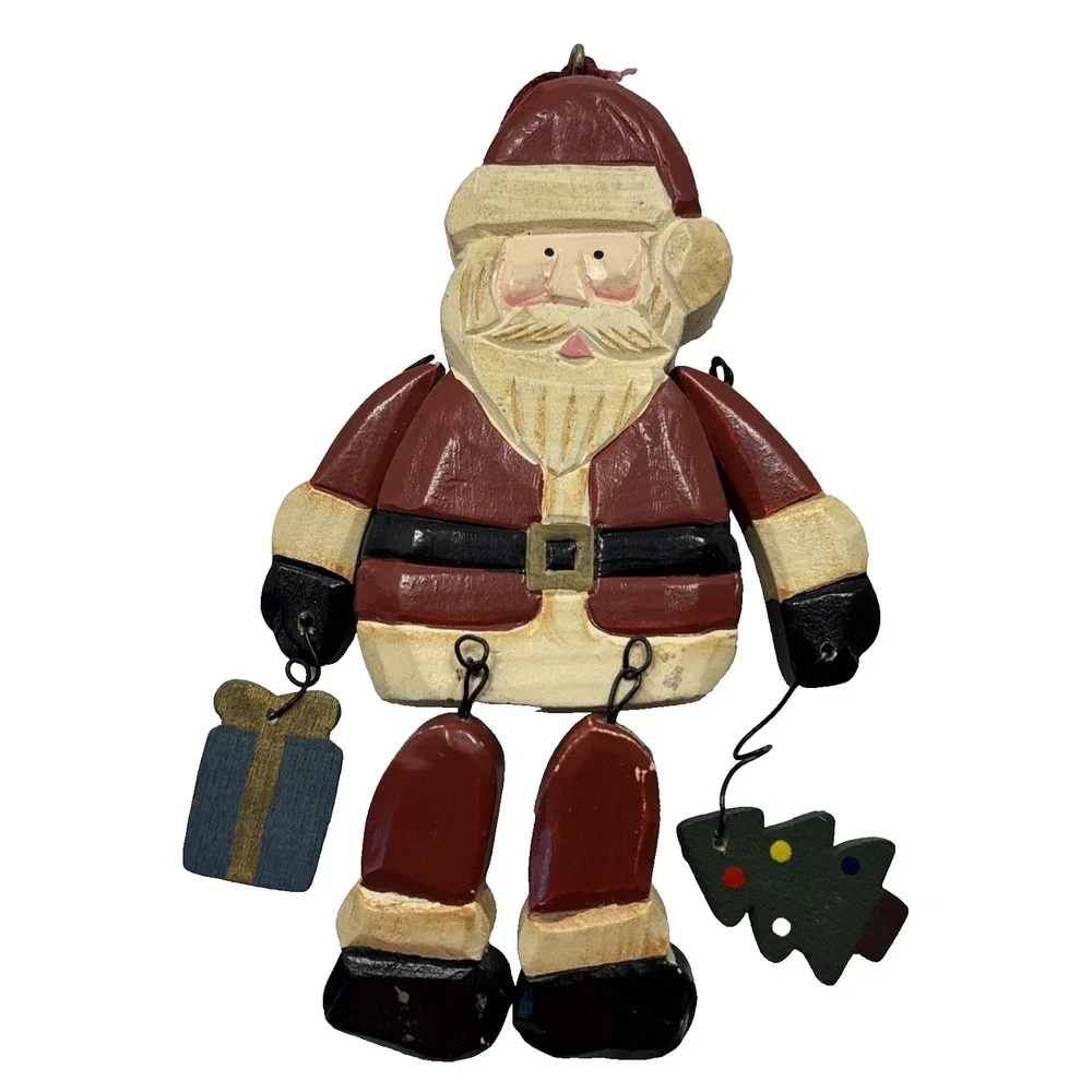 VTG Set Of 3‎ Wooden Ornaments Santa Hanger Articulated Star Santa Moon